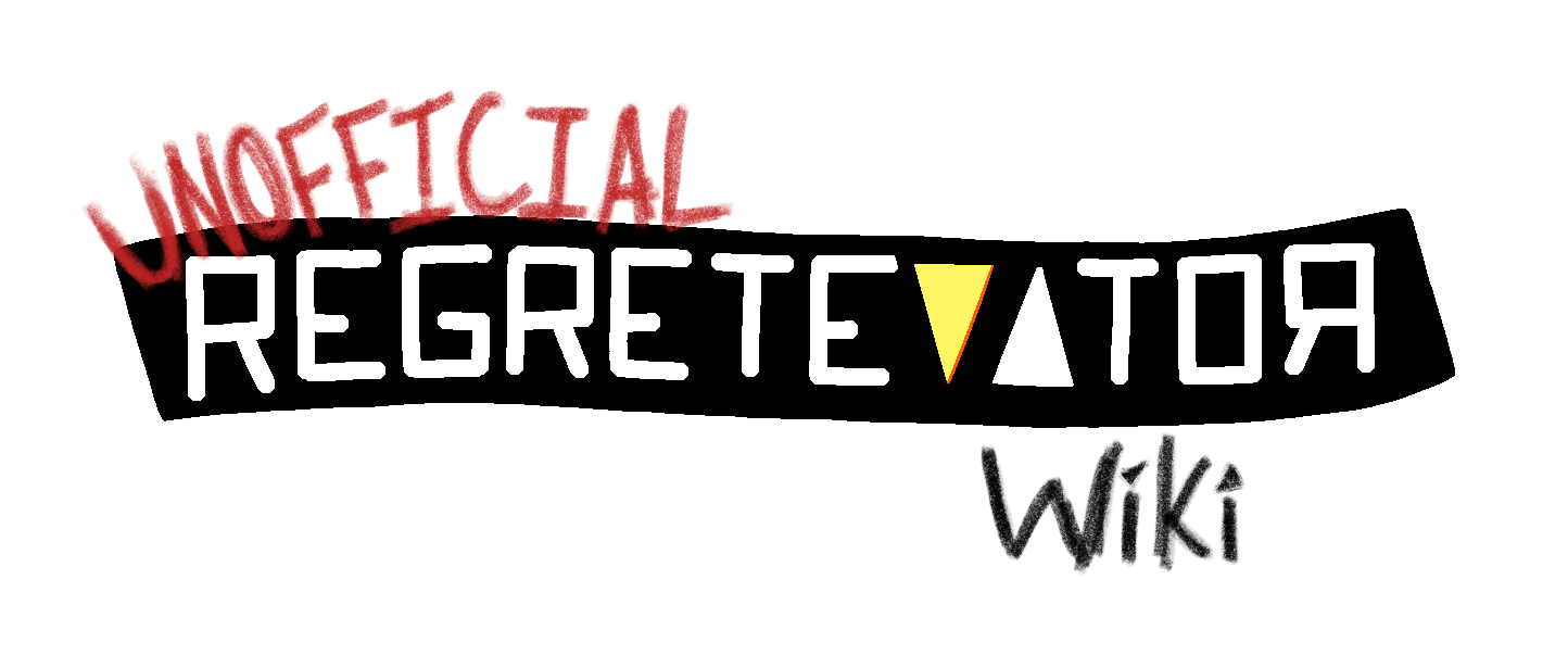 The Regretevator logo with a sketched, red word on the top left corner reading 'UNOFFICIAL' and another sketched word in black reading 'Wiki'